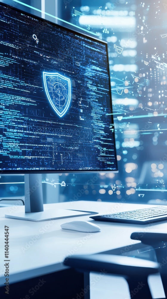 Poster futuristic cybersecurity workstation with shield icon and digital data visualizations for protecting