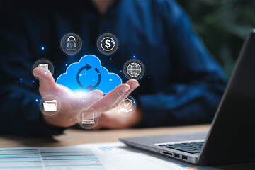 Data management, Business Technology, Cloud technology, Global network concept, Businessman file Transfer backup to company Cloud, Important information, Cyber security, Global Business Internet