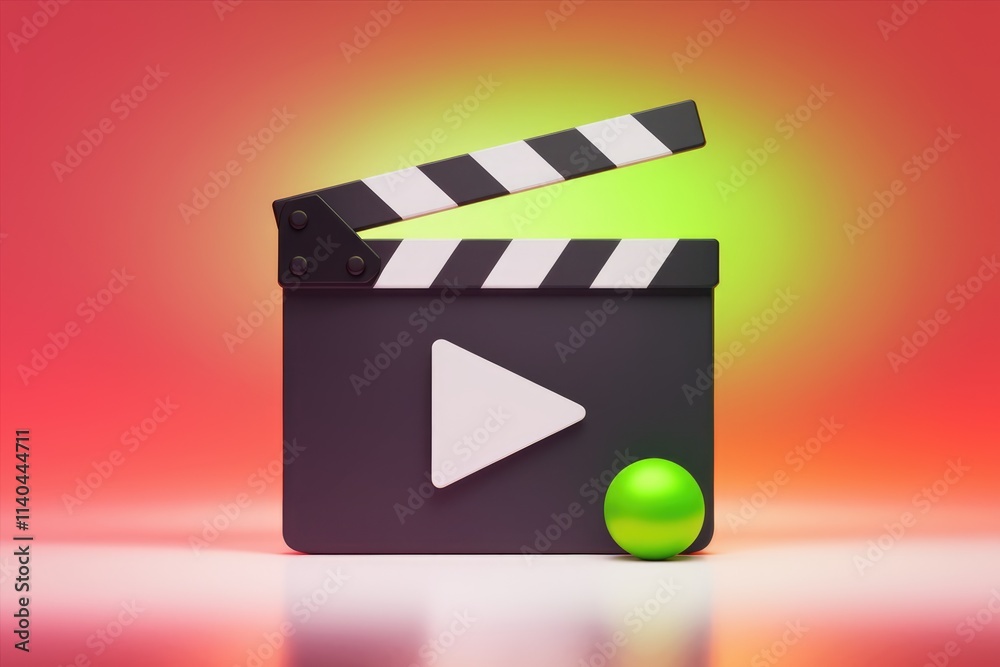 Aufkleber A 3D render of a clapperboard with a play button and a green sphere  symbolizing video production.