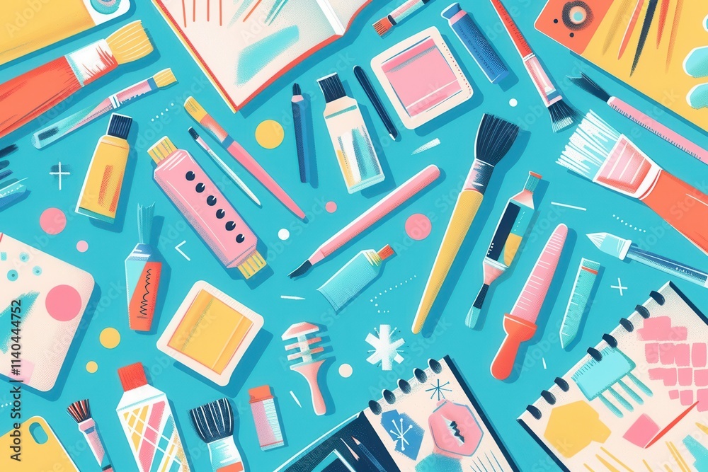 Poster creative workspace with brushes, paints, and sketchbooks for artistic expression and learning. gener