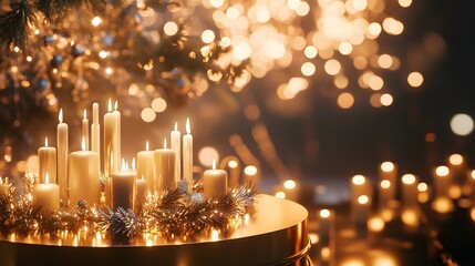 A podium with sparkling gold and silver streamers, surrounded by glowing candles and festive lights, set in front of a dazzling New Year is Eve fireworks display