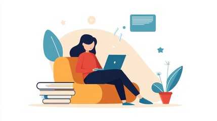 Fototapeta premium Cozy Woman Using Laptop on Couch Surrounded by Books, Plants, and Digital Elements Illustrating Home Working Environment and Modern Lifestyle