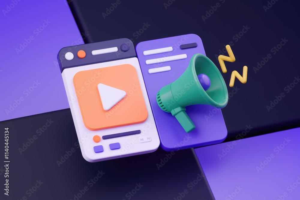 Poster 3D render of video promotion and announcement using megaphone and website interface.