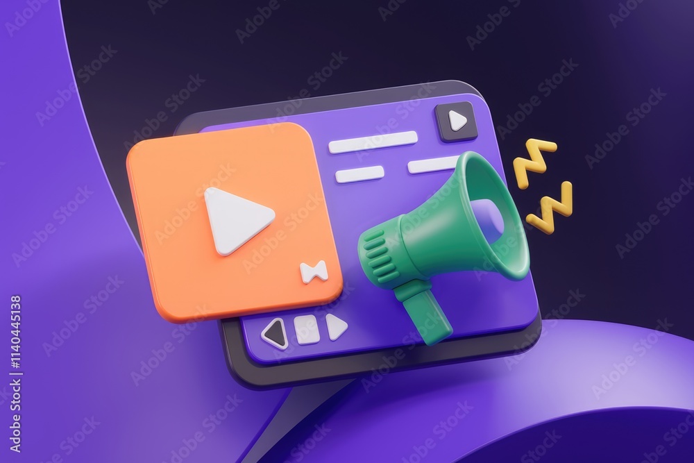 Poster 3D rendering of video promotion; a media player with a megaphone amplifying its reach.