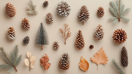 Varied pine cones and leaves close-up mockup photo.. AI Generated