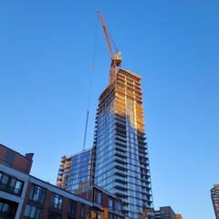 Crane and skyscraper under evening sky