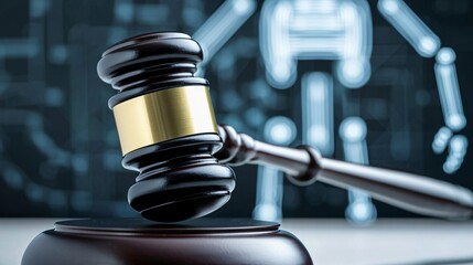 Cybersecurity framework concept. A gavel in front of a digital robot illustration representing law and technology.