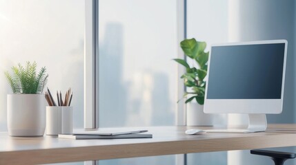 Modern Minimalist Office Workspace with Computer, Green Plants, Stationery, and Natural Light Overlooking Cityscape Through Large Windows
