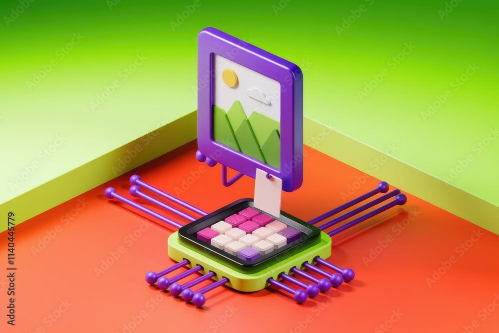 Poster 3D illustration of image processing  data transfer and storage using a stylized CPU and image frame.