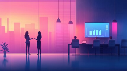Modern Office Meeting with Silhouetted Figures Against a Vibrant Cityscape at Dusk Featuring Business Graphs and Professional Environment