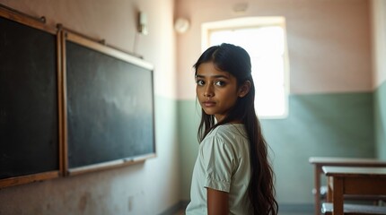Portrait of a beautiful Indian school girl with a blackboard in the background