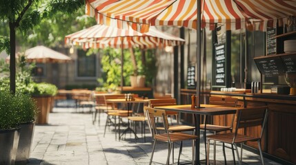 Fototapeta premium Cozy Outdoor Café Scene with Colorful Umbrellas and Seating