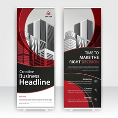 Modern design of annual report display stands showcasing professional graphics in an office environment with red color