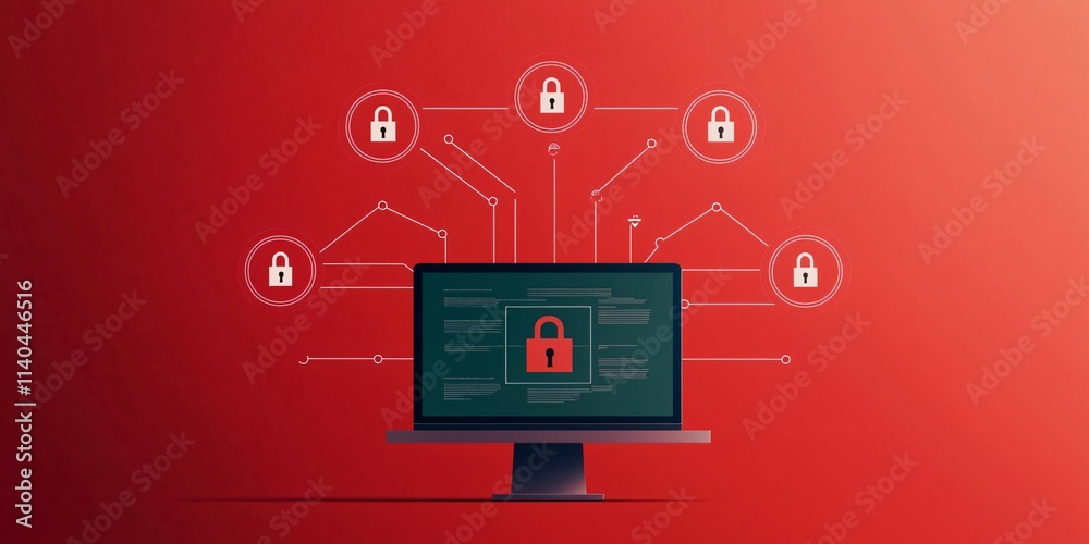 Poster cybersecurity framework concept. a computer screen with padlocks symbolizes cybersecurity and data p