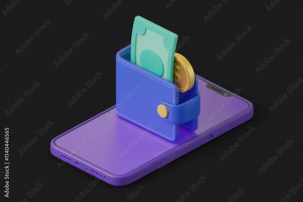Poster digital wallet on a smartphone screen showing money symbolizing mobile payment and finance.
