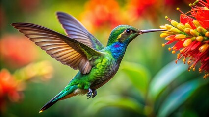 Fototapeta premium Hummingbird Flower Tropical Logo Macro Photography: Vibrant Bird & Bloom Design