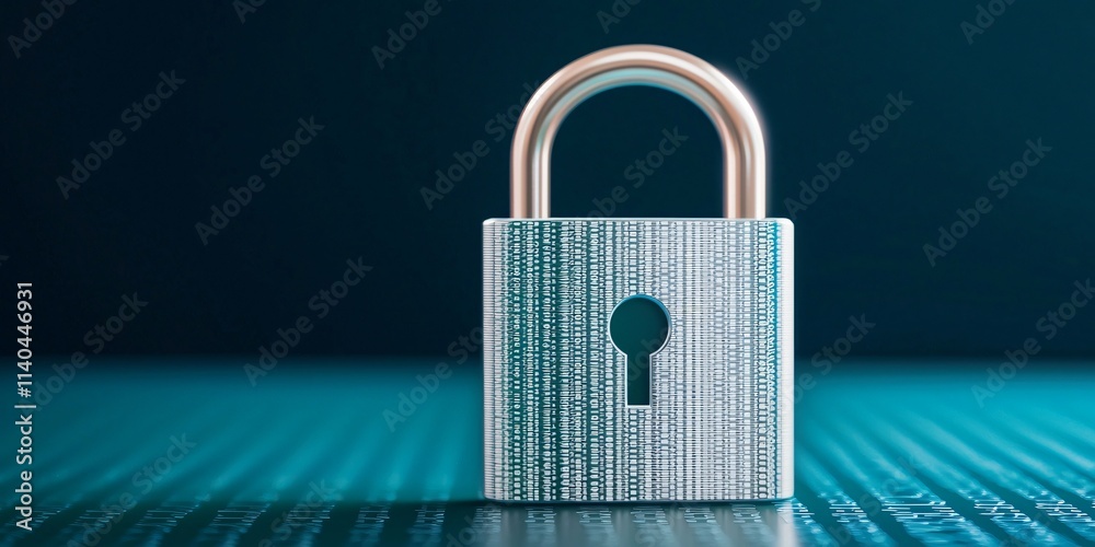 Poster cybersecurity framework concept. a metallic padlock on a digital background symbolizing security and