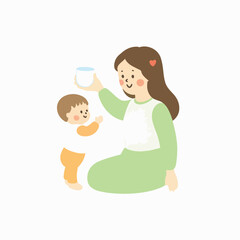 Mother Gives Milk to her child vector design, Children drinking milk illustration vector design