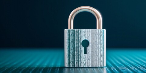 Cybersecurity framework concept. A metallic padlock on a digital background symbolizing security and protection.