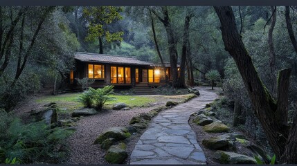 Fototapeta premium A cozy cabin nestled in a forest, illuminated warmly amidst lush greenery.
