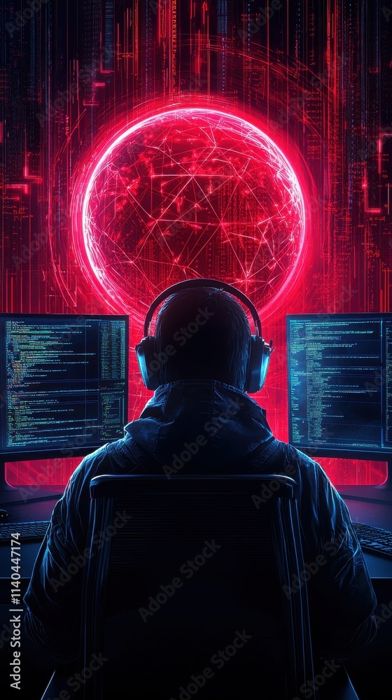 Poster mysterious hacker in dark room surrounded by computer screens and neon red globe representing data a