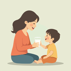 Mother Gives Milk to her child vector design, Children drinking milk illustration vector design