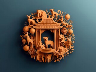 The 12 zodiac animals arranged in a dynamic Lunar New Year tapestry of glowing papercut lanterns and banners