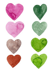 Set of hand painted watercolor hearts. Pink, green, brown heart for your design. White background