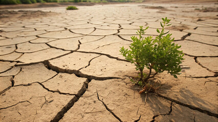 A small green plant defies the harsh conditions of cracked, dry soil, symbolizing resilience in the face of climate change