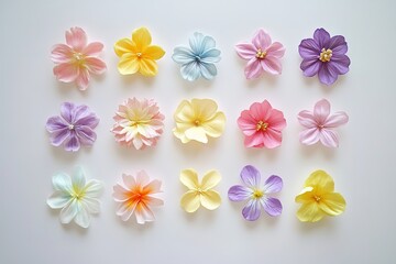 Obraz premium Pastel paper flowers in rows on white background.