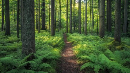 Obraz premium A serene forest path surrounded by lush ferns and tall trees, inviting exploration.