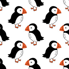 A seamless pattern with cute puffins. A fun print with Atlantic bird. Wrapping, wallpaper, background, poster, textile, notepad cover, texture template.