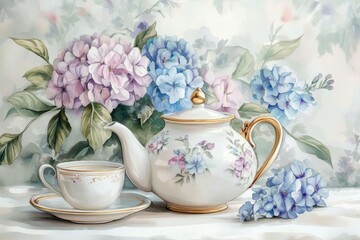 Set of tea cup, pot and flowers. Watercolor collection of vintage teapot, teacup and blossom. Water paint