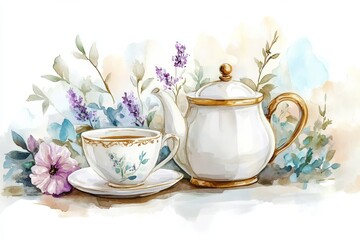 Set of tea cup, pot and flowers. Watercolor collection of vintage teapot, teacup and blossom. Water paint