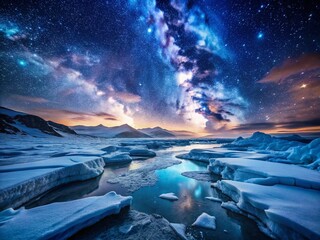 Ice Age Night Photography: Frozen Landscapes, Glacial Scenery, Winter Nights, Arctic Nightscape, Polar Night, Cold Night, Icy Wilderness, Nighttime Ice, Frozen River, Glacier at Night,