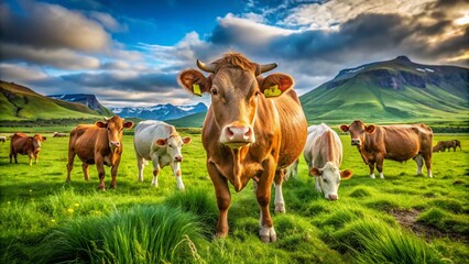Naklejka premium Icelandic Cows: Candid Photos, Highland Cattle, Icelandic Farm Animals, Rural Iceland, Black and White Cows, Grazing Cows Iceland