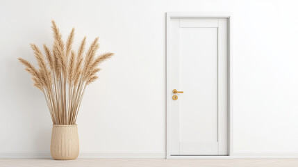 A minimalist interior featuring white door and decorative plant in woven basket. soft tones create serene atmosphere, perfect for modern decor enthusiasts