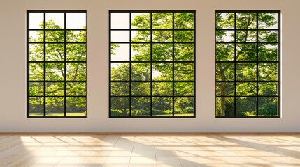 Fototapeta premium Modern Minimalist Interior with Large Windows Overlooking Lush Green Trees
