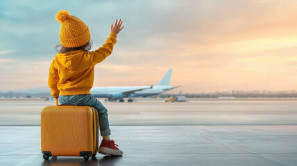 child sitting on suitcase, waving goodbye at airport