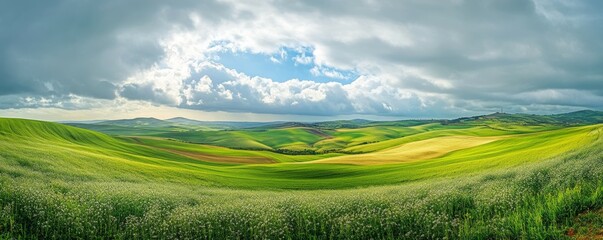 Obraz premium Beautiful Panorama of Rolling Green Fields. Spring or Summertime Background with White Fluffy Clouds and Natural Landscape.