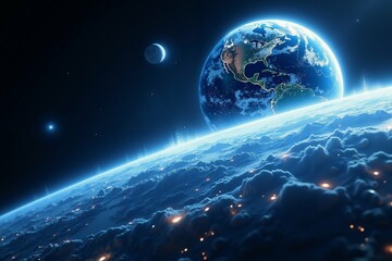 Experience the Serene Beauty of Earth from Space: A Stunning Blue Planet Night View with City Lights and Moon.