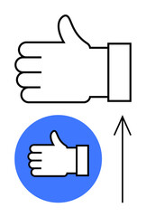 Thumbs up with sleeve outline above identical icon in blue circle and arrow pointing up. Ideal for feedback, approval, growth, encouragement, social media, positivity, user interface. Line metaphor