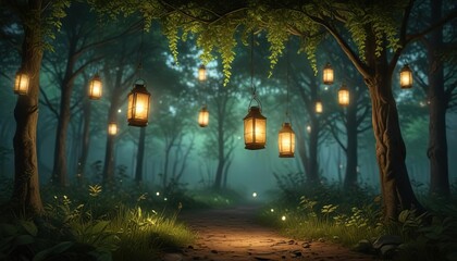 Fototapeta premium Hanging lanterns with twinkling lights in a lush green forest, natural scenery, foliage