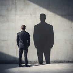 Obraz premium Young salesman stands before wall, shadowing successful boss.