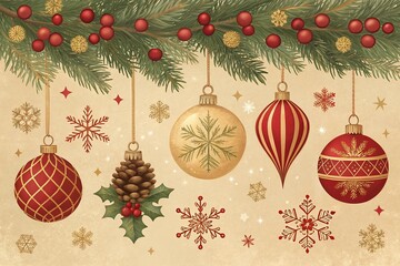 christmas background with christmas tree and balls garlands into a forest with snowy flakes with shape of stars close to xmas gifts in red boxes