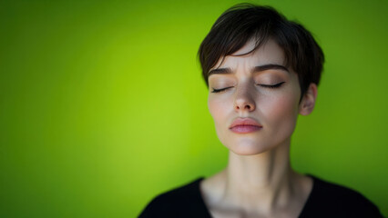 Fototapeta premium A beautiful woman with short dark hair. Her eyes are closed, as though meditating or being deep in thought. She is wearing a black v-neck sweater and is standing against a vibrant green background.