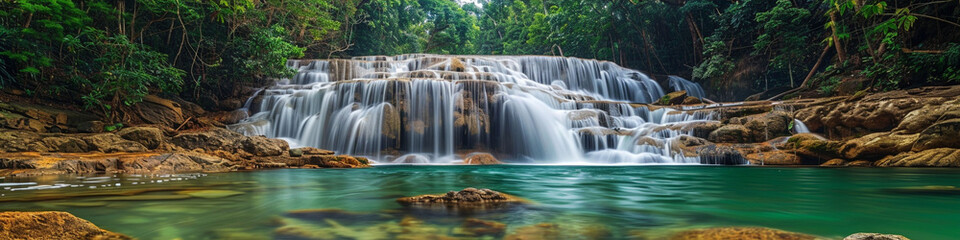 Fototapeta premium Enchanting Mok Fah waterfall set against a backdrop of dense forest, cascading over boulders into a serene, crystal-clear pool.