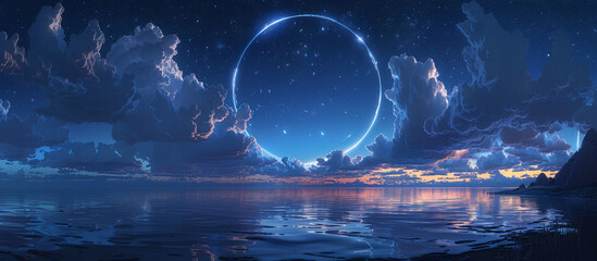 Beautiful half-cloudy circle illuminating the night sky, perfectly mirrored on the still water, creating a breathtaking view that captures the serenity of the nocturnal landscape.