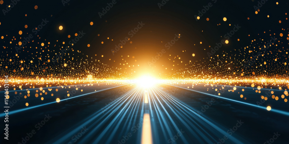 Poster futuristic scene with glowing particles and light rays creating depth