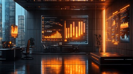 Fototapeta premium A dynamic office environment with holographic charts projected on sleek textured walls, glowing neon metrics floating mid-air, minimalist metallic furniture, and an engaging,